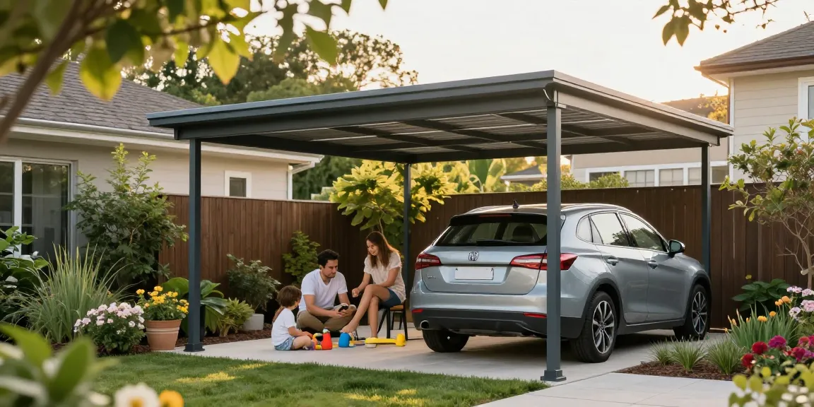 Moderne Carport-Installation mit glücklicher Familie im Garten, Kinder spielen und Auto sicher geparkt.
