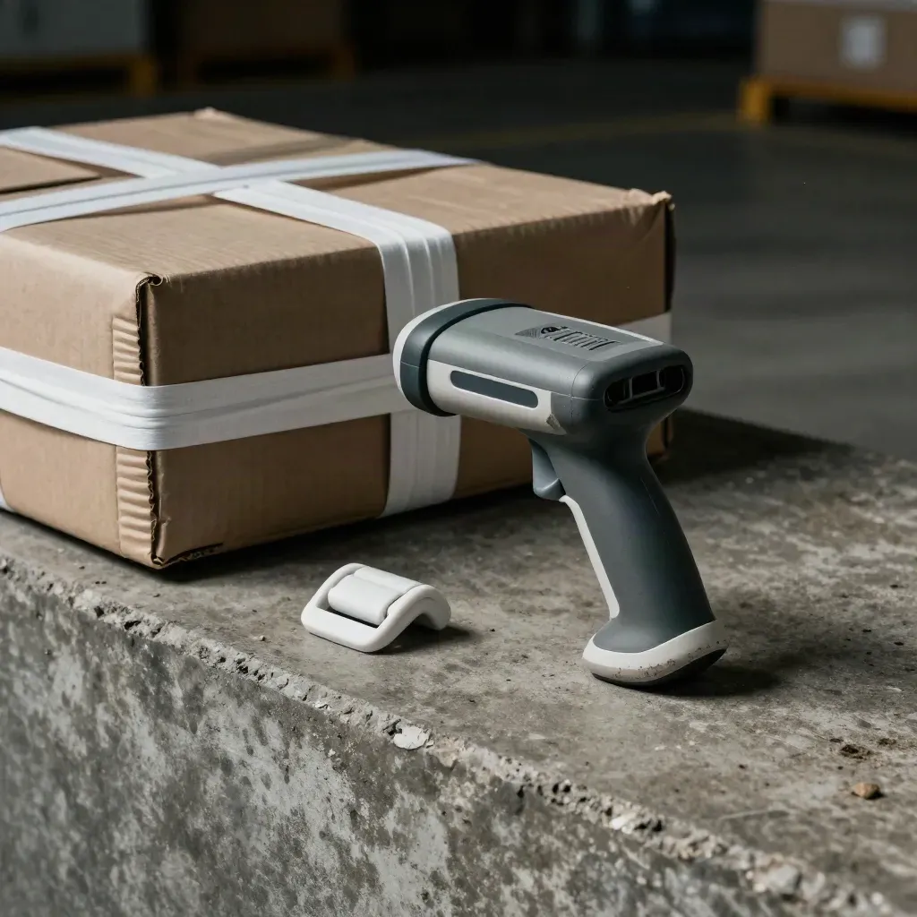 Barcode-Scanner, Verpackungsband und Kantenschoner auf einer Betonfläche im Lager