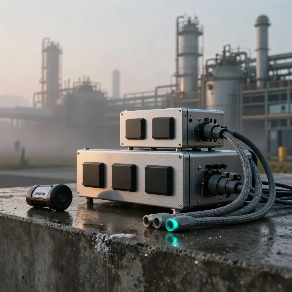 Industrielles Telemetrie-Gateway mit Kabelbündeln und Barcode-Scanner auf Beton im Morgennebel.