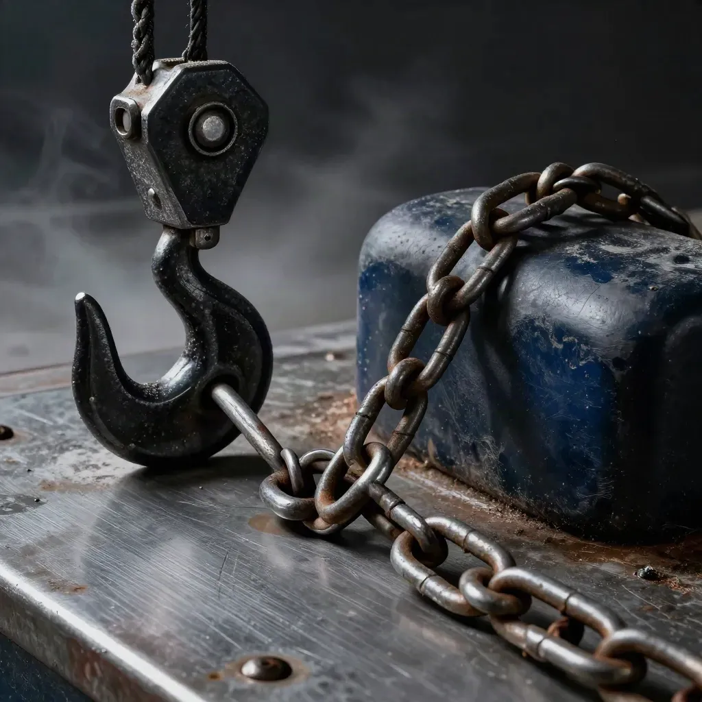 Dock-Mooringhaken, Kette und Fenderblock auf Stahl im dunklen Studio mit Salznebel.