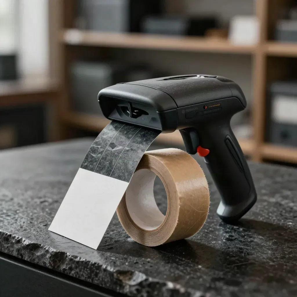 Ruggeder Handscanner, blanke Sicherheitstags und Kraftklebeband auf dunklem Stein.