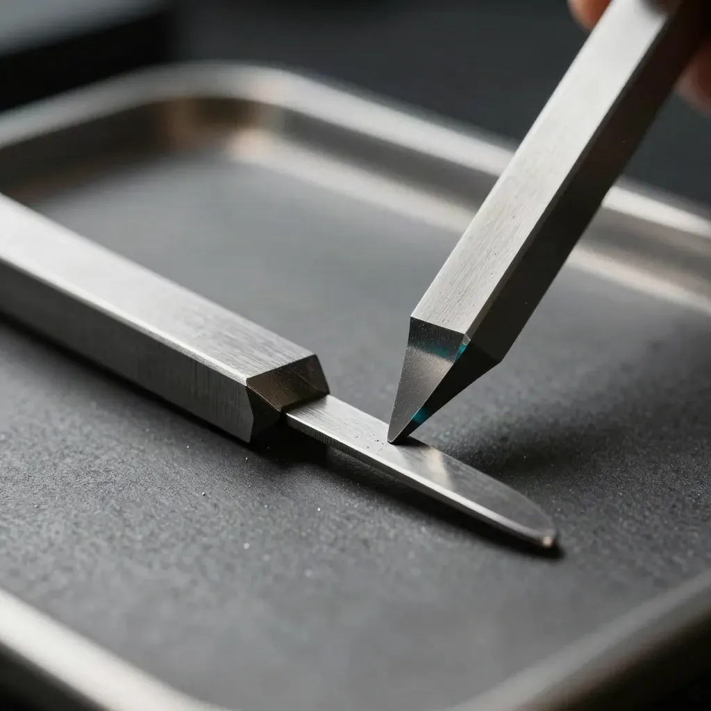 Präzisionsendmaße mit Fühlerlehre auf dunkler Metallfläche