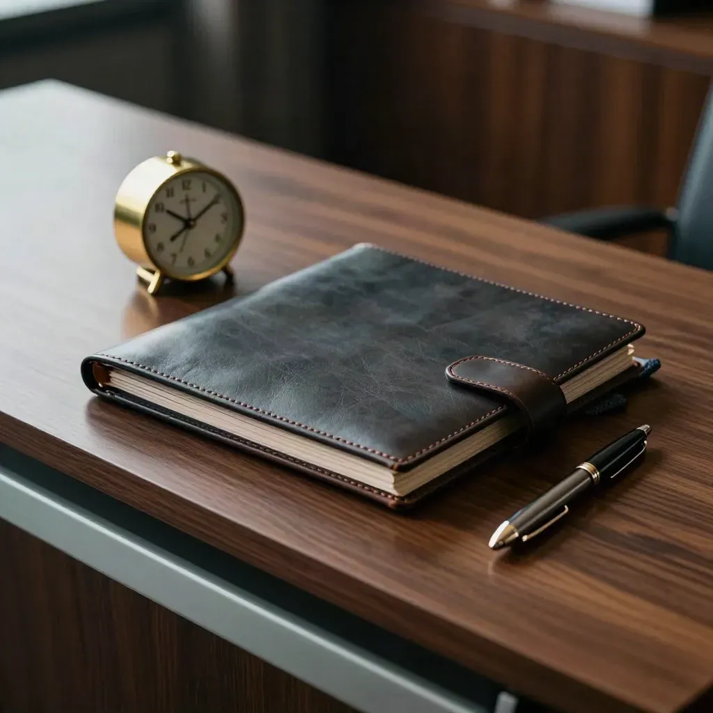 Ledermappe, Messinguhr und Metallstift auf dunklem Nussbaum hinter mattiertem Glas.