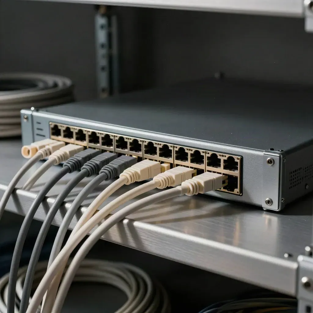 Patchkabel und Netzwerkswitch im dramatischen Stillleben für Datenteams.