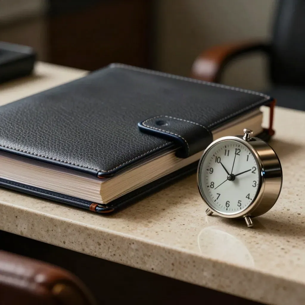 Leder-Folio, Stahlpaperweight und schlanker Timer auf Travertin im Dunkellicht.